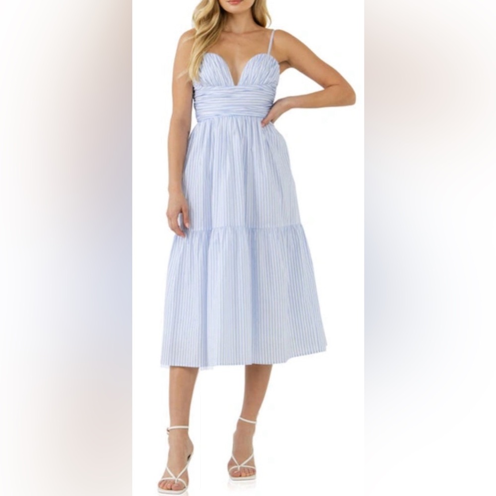 English factory blue and white striped dress